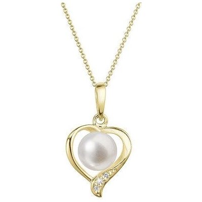 Evolution Group Zlatý 14 karátový náhrdelník srdce s bílou říční perlou a brilianty 92PB00049