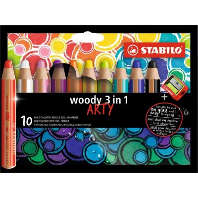 STABILO woody Pastelka vodovka & voskovka v jednom 3 v 1 ARTY 10 ks pouzdro s ořezávátkem