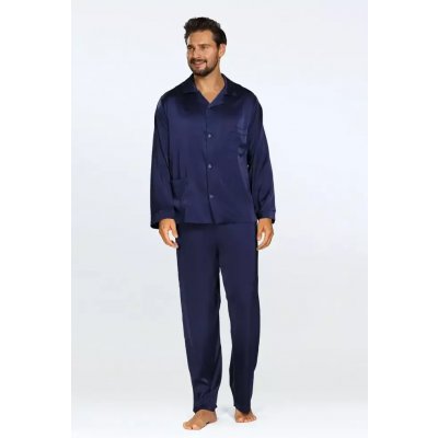 Lukas pánské saténové pyžamo dlouhé propínací tm.modré – Zboží Dáma