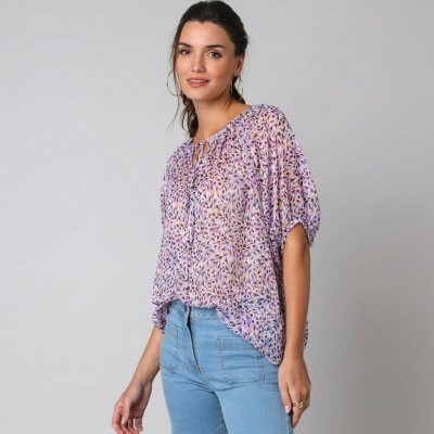 Halenka s nařaseným límečkem režná/lila – Zboží Dáma