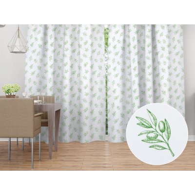 Biante Dekorační závěs TF-113 Zelené olivové větvičky na bílém 140x200 cm – Hledejceny.cz