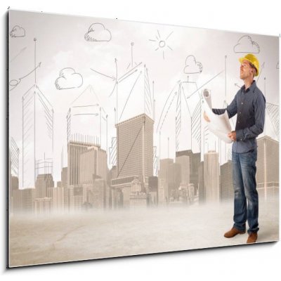 Obraz 1D - 100 x 70 cm - Business engineer planing at construction site with city backgro Obchodní inženýr hoblování na staveništi s městským backgro – Zboží Mobilmania