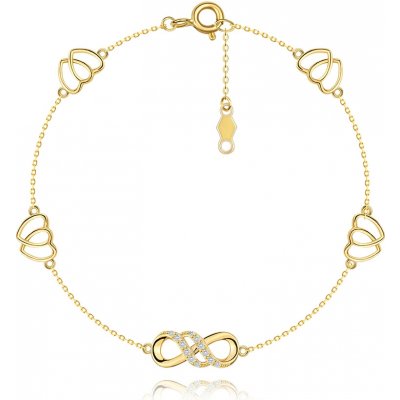 Šperky Eshop náramek ze žlutého zlata spojené obrysy srdcí symbol nekonečna se zirkony S5GG261.43