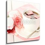 Skleněný obraz 1D - 50 x 50 cm - cup of tea with roses and jam on white wooden table šálek čaje s růží a džemem na bílém dřevěném stole – Hledejceny.cz