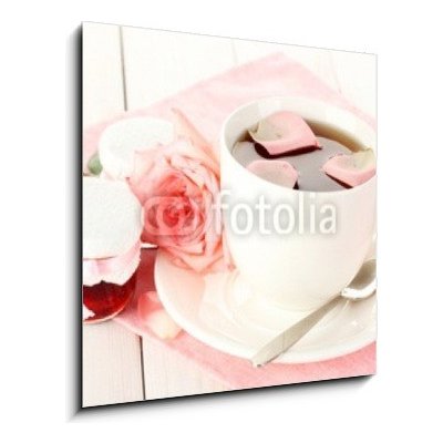 Skleněný obraz 1D - 50 x 50 cm - cup of tea with roses and jam on white wooden table šálek čaje s růží a džemem na bílém dřevěném stole – Hledejceny.cz