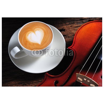 WEBLUX 42963214 Fototapeta plátno Latte art and violin on wooden table Latte umění a housle na dřevěném stole rozměry 174 x 120 cm – Zboží Mobilmania