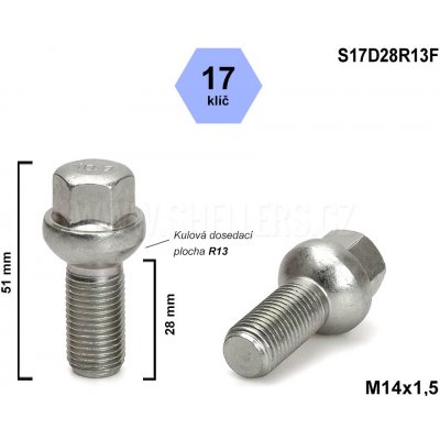 Kolový šroub M14x1,5x28 kulový R13, klíč 17, S17D28R13F, výška 51 mm