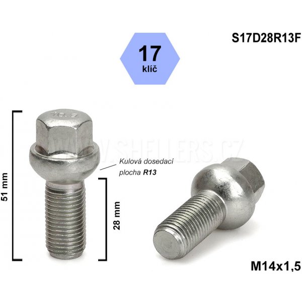 Kolové šrouby a matice Kolový šroub M14x1,5x28 kulový R13, klíč 17, S17D28R13F, výška 51 mm
