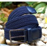 Opasek unisex modrý tmavý pletený pružný stříbrné kování – Sleviste.cz