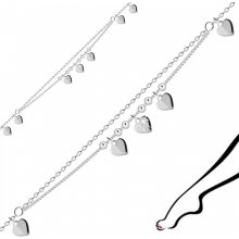 Šperky eshop Stříbrný náramek na nohu dvojitý řetízek zdobený srdíčky kuličky O04.13