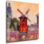 Skleněný obraz 1D - 50 x 50 cm - Oil painting cityscape - Moulin rouge, Paris, France Panoráma města olejomalba – Hledejceny.cz