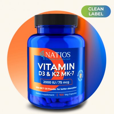 Natios Vitamín D3 + K2 (MenaQ7 MK-7), 2000 IU + 75 mcg, 100 kapslí – Zboží Mobilmania