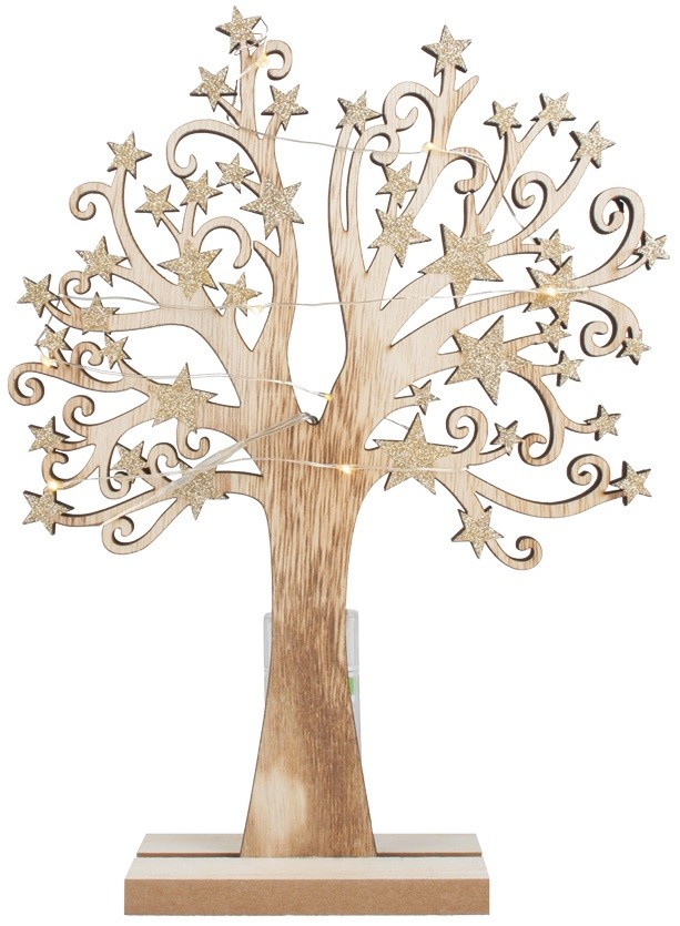 Anděl Přerov Strom dřevěný se zlatými hvězdami 22 x 30 cm s LED světýlky