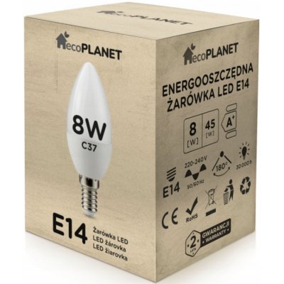 EcoPlanet LED žárovka E14 svíčka 8W 700lm teplá bílá