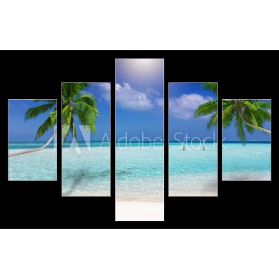Obraz 5D pětidílný - 150 x 100 cm - Traumstrand in den Tropen mit trkisem Meer, Kokosnusspalmen und feinem Sand Dream beach v tropech s tyrkysovým mořem, kokosovými palm – Sleviste.cz