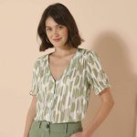 Voálová halenka na knoflíčky s potiskem khaki/režná – Zboží Dáma