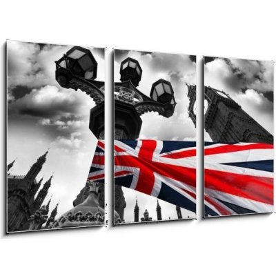 Obraz 3D třídílný - 90 x 50 cm - Big Ben with colorful flag of England, London, UK Big Ben s barevné vlajky Anglie, Londýn, Velká Británie