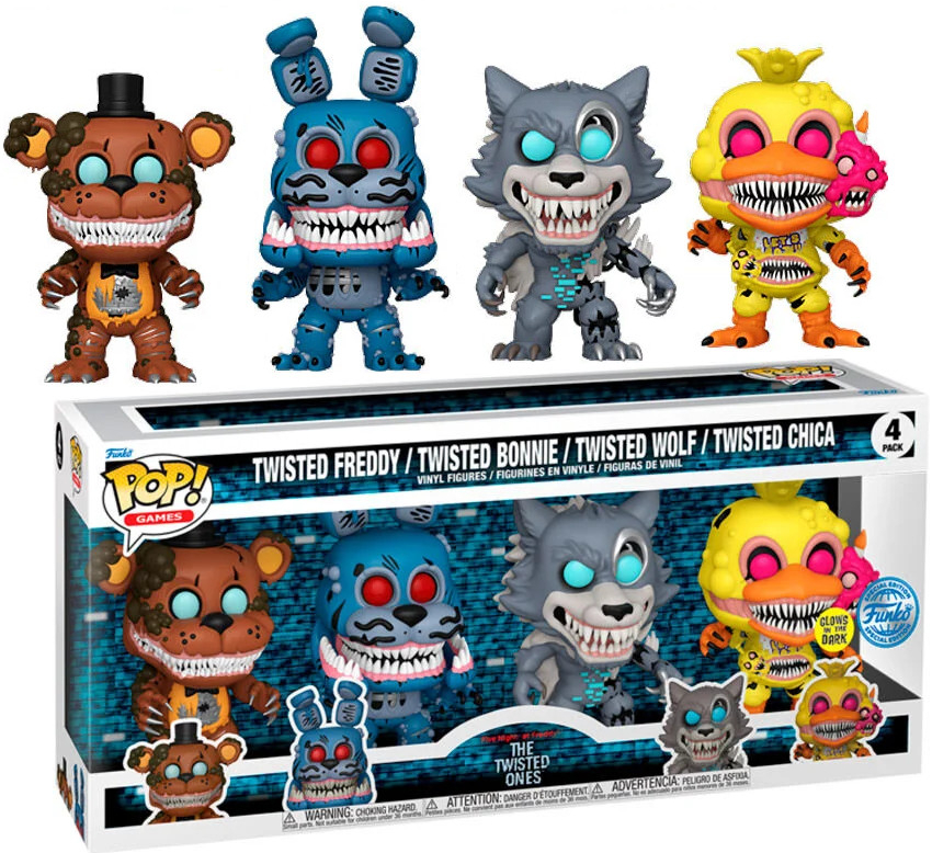 Funko Pop! 4 Pack Five Nights at Freddy\'s The Twisted Ones Twisted Freddy Twisted Bonnie Twisted Wolf Twisted Chica GITD Special