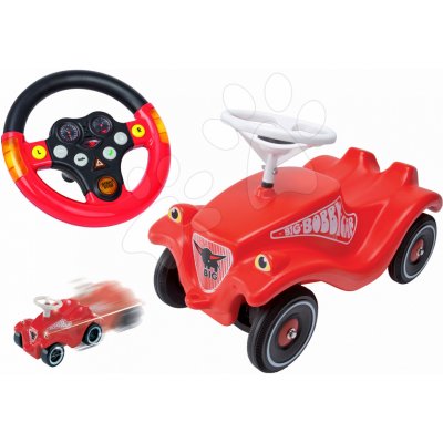 BIG 01303-6 Bobby Classic s klaksónom červené+interaktívny volant+autíčko Mini Bobby na naťahovanie