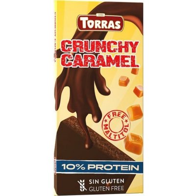 Torras Crunchy Caramel Bezlepková Hořká čokoláda s extrudovaným sójovým proteinem slazená erytritolem a stévií - slaný karamel (100 g)