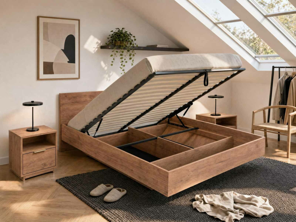 AMI Nábytek Levitační postel DM2 s úložným prostorem z nábytkové desky dub craft