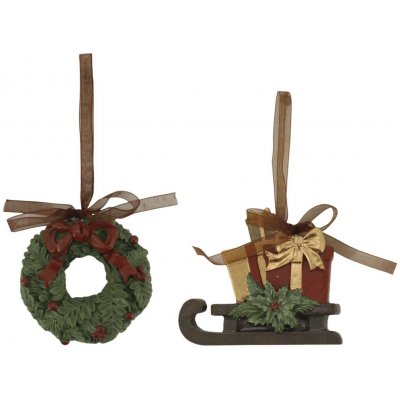 Sada 2ks závěsných dekorací Noël věneček a sáňky třešňové barvy – 9*2*8,5 cm - Chic Antique – Hledejceny.cz