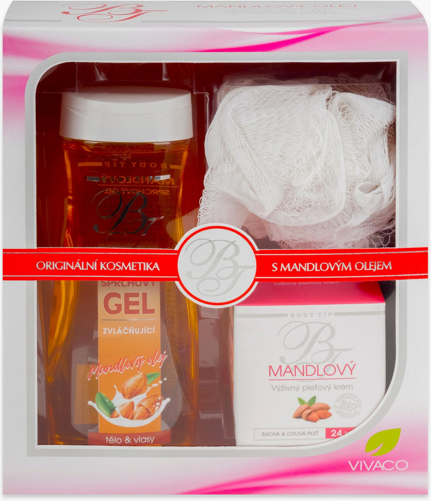 Body Tip s mandlovým olejem sprchový gel 300 ml + pleťový krém 50 ml + žínka dárková sada