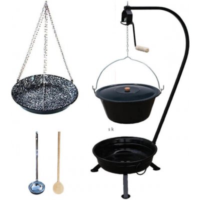 Green Home kotlík na guláš smalt 25 l, Green Home pánev smalt 42 cm, Green Home prenosne ohniště stojan a pojistný kladka KOV, KESSEL poklice smalt 49 cm, KESSEL naběračka nerez INOX, vařečka 50 cm UN – Sleviste.cz