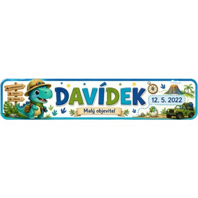 Bezvadary.cz | Dětská SPZ se jménem a dinosauřím motivem pro malého objevitele 20x4,2 cm / PVC plast 3mm / bez přísavek dz15 – Hledejceny.cz