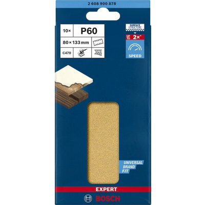 10x Brusný papír pro vibrační brusku na barvu na dřevu a tvrdé dřevo Bosch EXPERT C470 - 80x133mm, zrnitost 60, 8 otvorů (2608900878) – Zboží Mobilmania