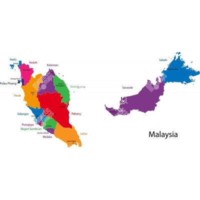 Magnetická mapa Malajsie, administrativní, barevná (pozinkovaný plech) 139 x 67 cm – Zboží Dáma