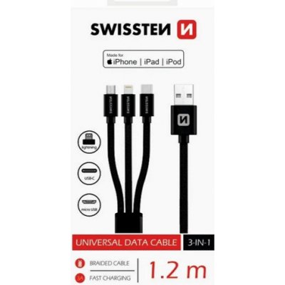 Swissten 72501101 3 v 1 micro USB/Lightning/USB-C, 1,2m, černý – Zboží Mobilmania