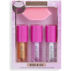 Makeup Revolution London Kiss & Go Lip Oil Set oranžová olej na rty Lip Oil Honey 4,5 ml + olej na rty Lip Oil Peach Pink 4,5 ml + olej na rty Lip Oil Watermelon 4,5 ml + peelingový kartáček na rty 1