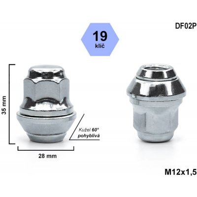 Kolová matice M12x1,5 kužel, pohyblivá, klíč 19, uzavřená, DF02P-MW, výška 35 mm | Zboží Auto