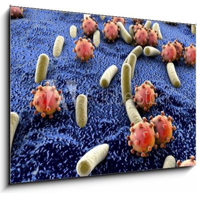 Obraz 1D - 100 x 70 cm - Bacteria and viruses on surface of skin, mucous membrane or intestine, model of MERS, HIV, flu, Escherichia coli, Salmonella, Klebsiella, Legion – Hledejceny.cz