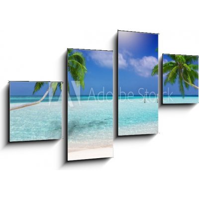Obraz 4D čtyřdílný - 100 x 60 cm - Traumstrand in den Tropen mit trkisem Meer, Kokosnusspalmen und feinem Sand Dream beach v tropech s tyrkysovým mořem, kokosovými palma