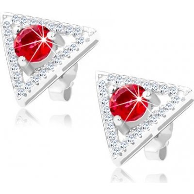 Šperky eshop stříbrné náušnice kontura trojúhelníku čiré zirkonky kulatý červený zirkon SP66.25