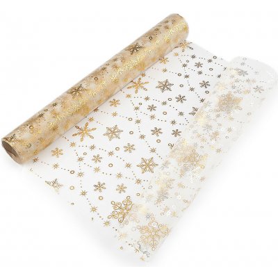 Vánoční organza s potiskem - vločka, šíře 36 cm, střední, 2 zlatá – Zboží Dáma