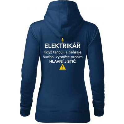Elektrikář hlavní jistič Nápis na zádech mikina dámská Cape s kapucí Půlnoční modrá – Sleviste.cz