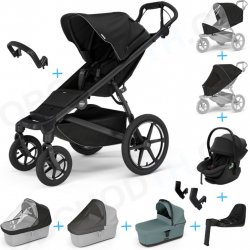 Thule Set 10v1 Urban Glide 4-wheel Black 2024 + madlo + korba Mid blue + pláštěnky a moskytiéry Thule + Autosedačka Thule Maple Black s ISOFIX základnou Thule Alfi a adaptéry