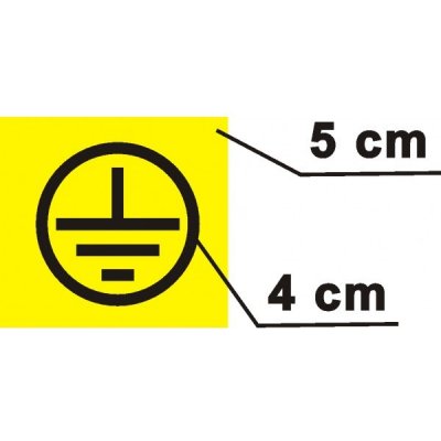 Znak uzemnění v kruhu 4cm, černý tisk, žlutá f. | Samolepka, 5x5 cm