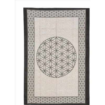 Sanu Babu Přehoz na postel s potiskem květ života, béžový a černý tisk, 140x202cm – Zboží Dáma