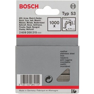Nerezové sponky do sponkovaček Bosch PTK 3,6 LI, PTK 14 E Duotac, HT 8, HT 14, HMT 53 a HMT 57 - 8x11.4x0.74mm, 1000ks, typ 53 (2609200215) – Zboží Mobilmania