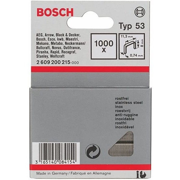 Nýt trhací Nerezové sponky do sponkovaček Bosch PTK 3,6 LI, PTK 14 E Duotac, HT 8, HT 14, HMT 53 a HMT 57 - 8x11.4x0.74mm, 1000ks, typ 53 (2609200215)