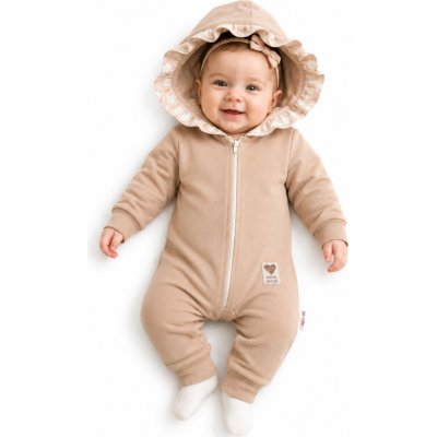 Baby Nellys Teplákový overal s kapucí a volánkem New Bunny cappuccino – Hledejceny.cz