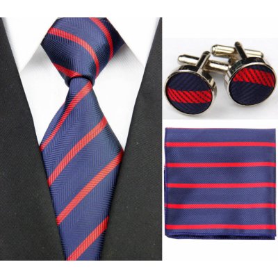 Modro červený Set kravata kapesník a manžetové knoflíčky Pruhy – Zboží Mobilmania