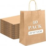 Hnědé papírové tašky s uchy - 24 x 31 x 11 cm, papírová taška se stahovací šňůrkou, dárkové tašky, – Zboží Dáma