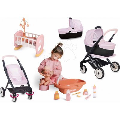 Smoby Set kočárek trojkombinace s postýlkou Puschair Pink Maxi Cosi&Quinny a vanička s nočníkem a láhví – Hledejceny.cz
