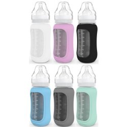 EcoViking kojenecká láhev skleněná široká silikonový obal barevné kombinace bílá 240 ml