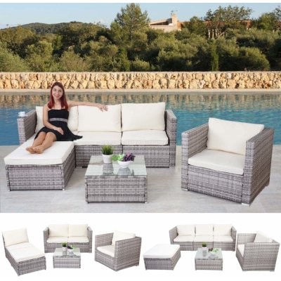 Mendler Poly ratanová souprava Brescia, zahradní souprava Sedací souprava Sofa Lounge Set šedá, polštáře krémové – Zbozi.Blesk.cz